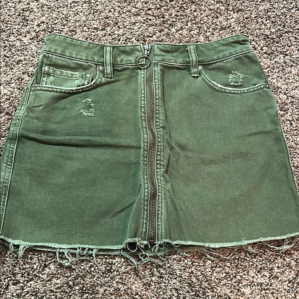 Free People Army Green Denim Mini Skirt with Zipper
